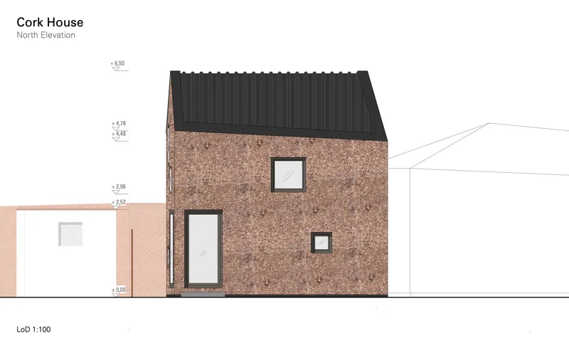 North elevation drawing showing the corrugated metal roof and cork wall with vertical windows