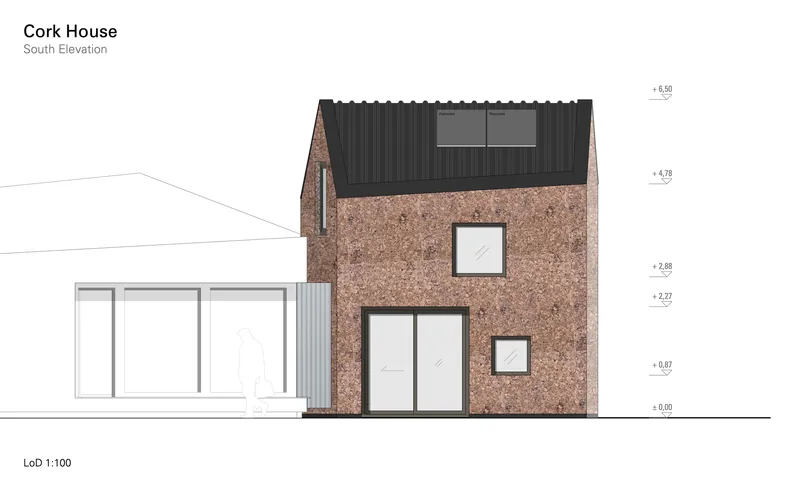 South elevation drawing depicting the glazed extension and two-story cork-clad volume with pitched roof