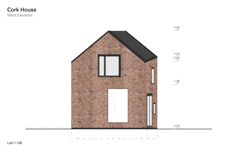West elevation drawing showing the gabled form with cork facade and black corrugated metal roof