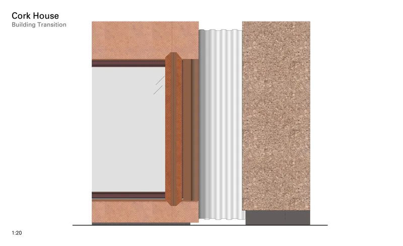 Detail drawing of the building transition between brick wall and cork cladding with corrugated trim