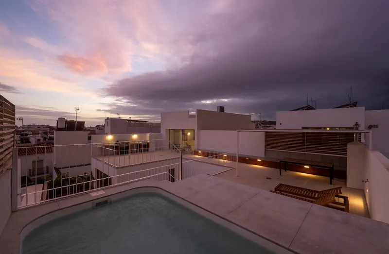 Rooftop terrace with plunge pool and timber screening under a purple twilight sky
