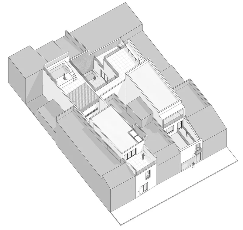 Axonometric drawing revealing interior courtyards and roof terraces within a dense urban block