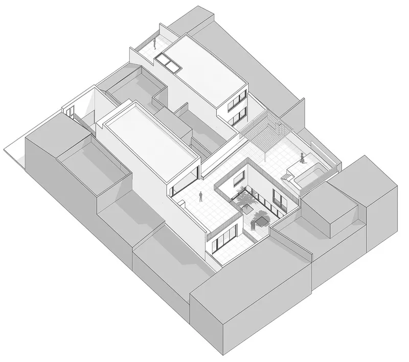 Axonometric drawing showing tiled courtyard spaces with figures and planted areas between building volumes
