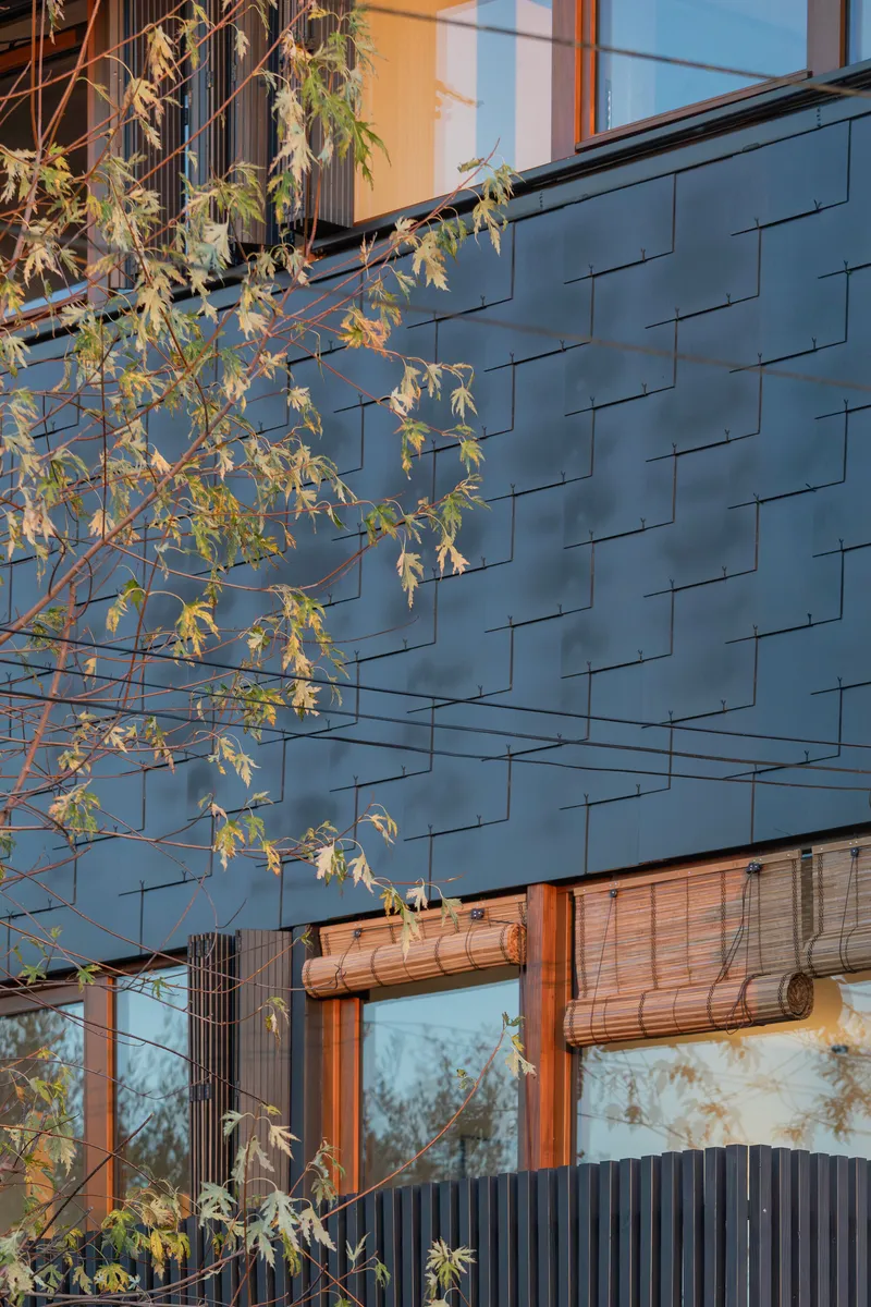 Blue slate-tiled facade with timber-framed windows and bamboo shade beside bare tree branches at dusk