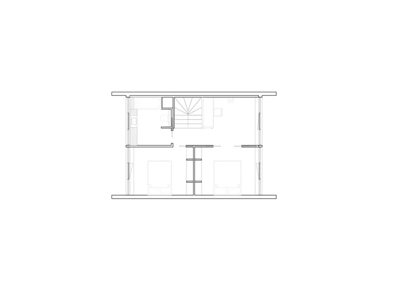 Floor plan drawing revealing upper level with central stair and two symmetrical bedroom spaces