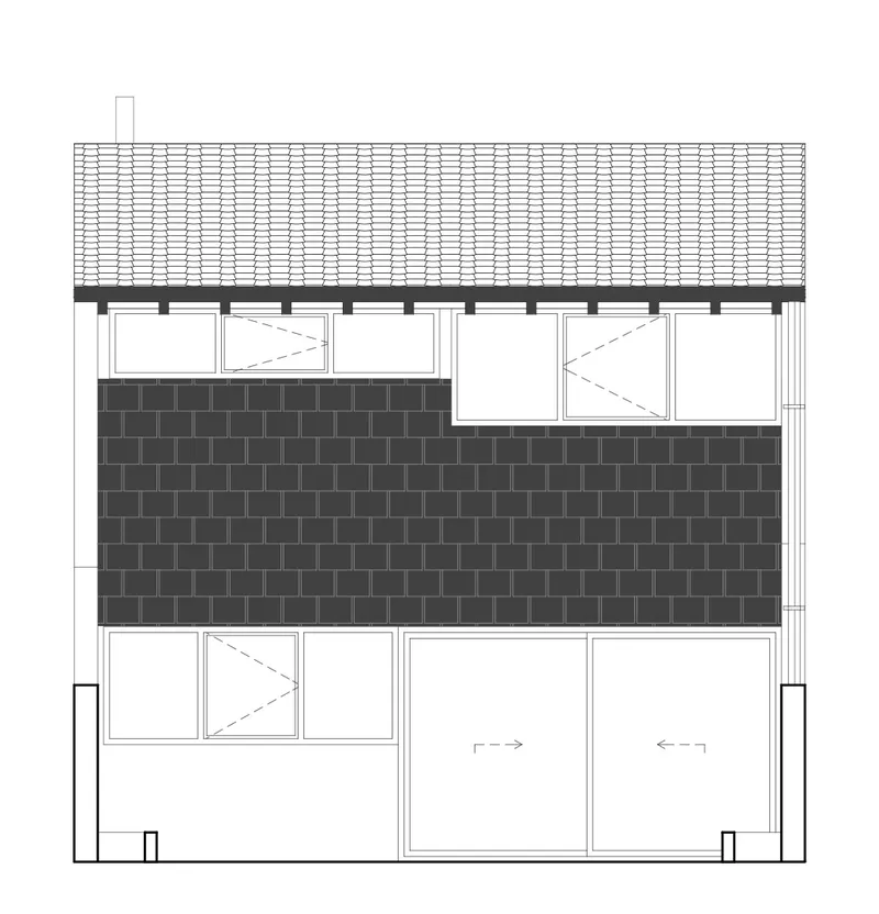 Elevation drawing showing tiled roof, dark brick band, and glazed openings across three levels