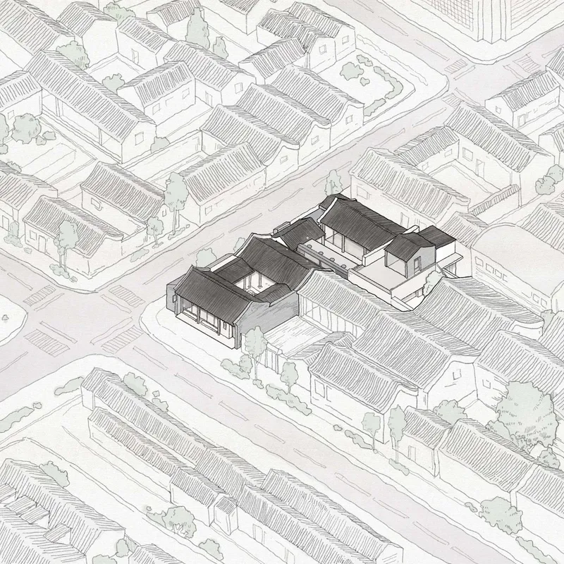 Axonometric drawing showing tiled roof volumes arranged around interior courtyards in a dense neighborhood fabric
