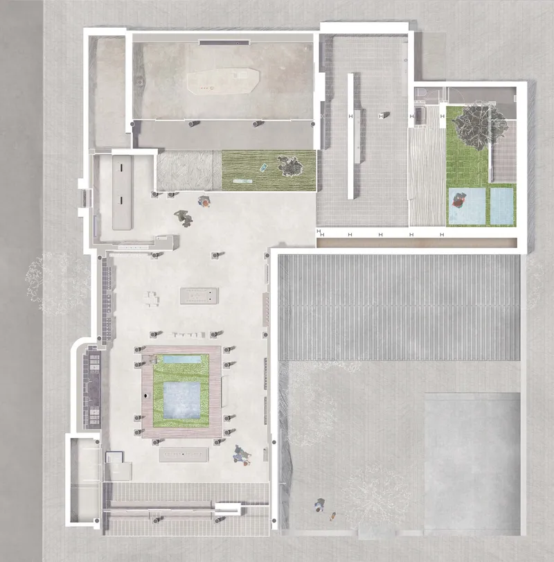 Floor plan drawing depicting L-shaped courtyard spaces with planted areas and pools surrounded by columns