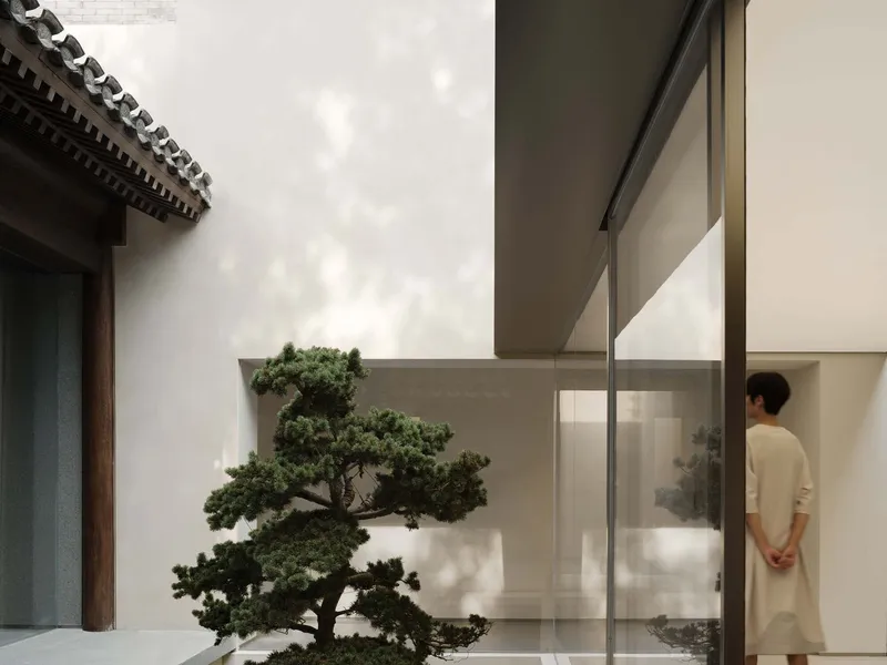 Courtyard view with bonsai tree and a person standing inside the glazed interior space