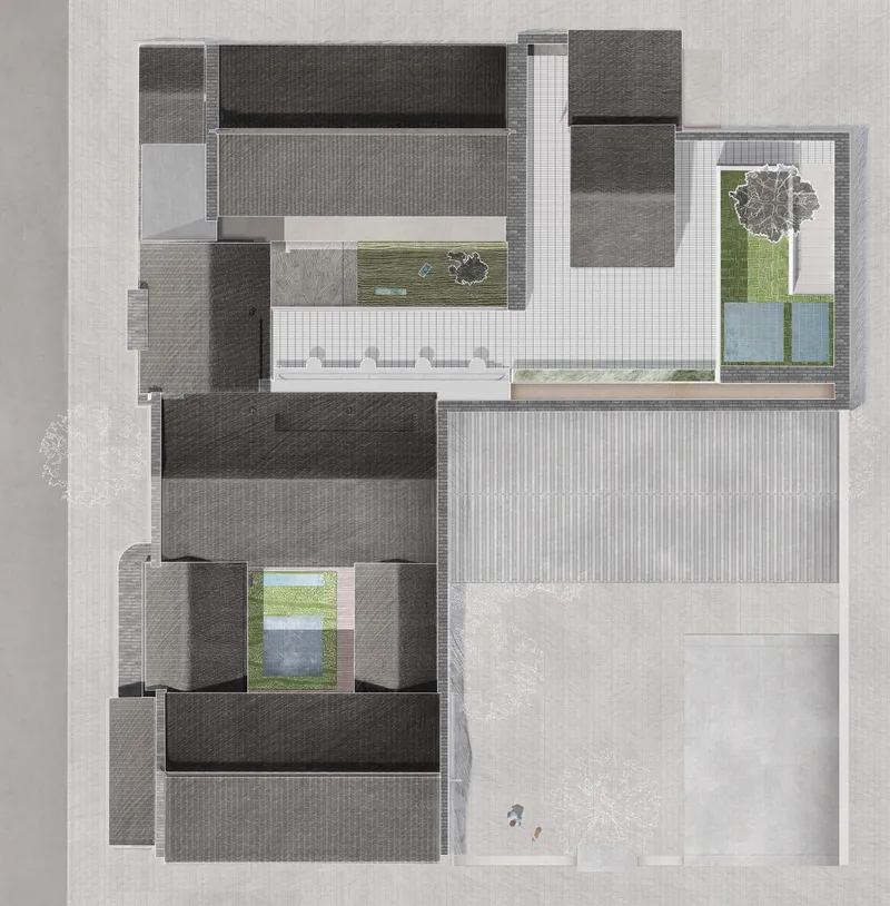 Roof plan drawing showing dark tiled surfaces organized around interior voids with trees and water features