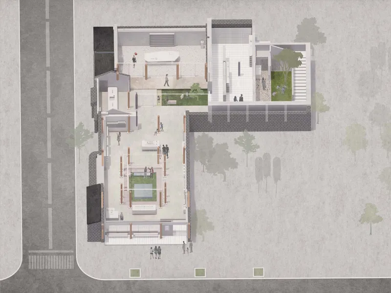 Aerial site plan drawing showing two adjoining buildings with courtyards, planted areas, and pedestrian circulation paths