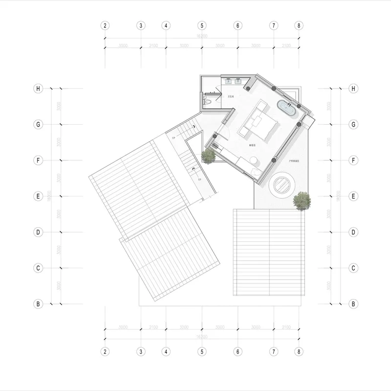 Roof plan drawing showing angled deck areas with a circular feature and tree symbols