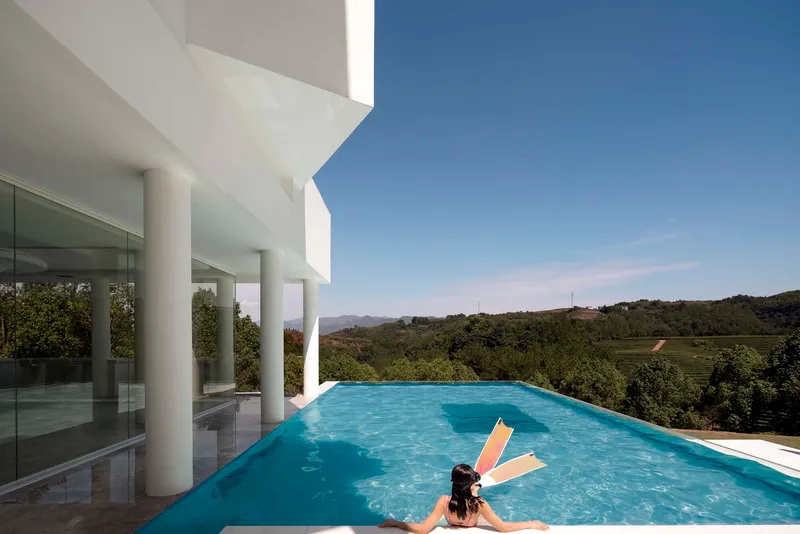 Infinity pool with swimmer overlooking terraced vineyards and forested hills beneath white cylindrical columns