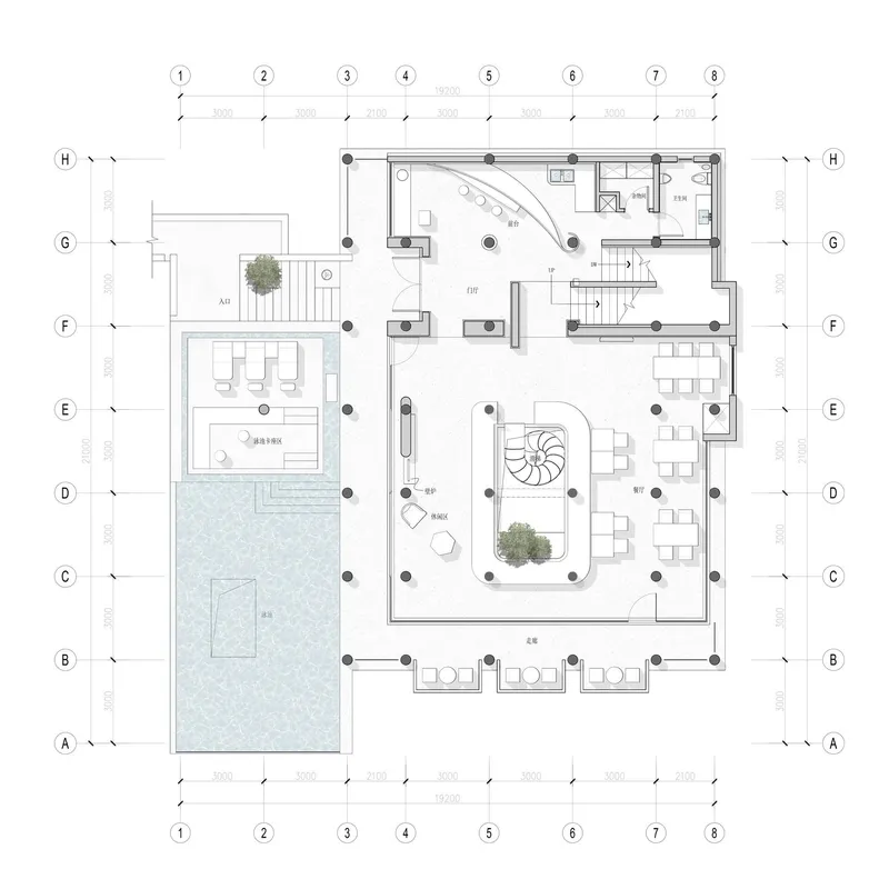 Floor plan drawing showing living spaces arranged around central spiral stair and pool terrace
