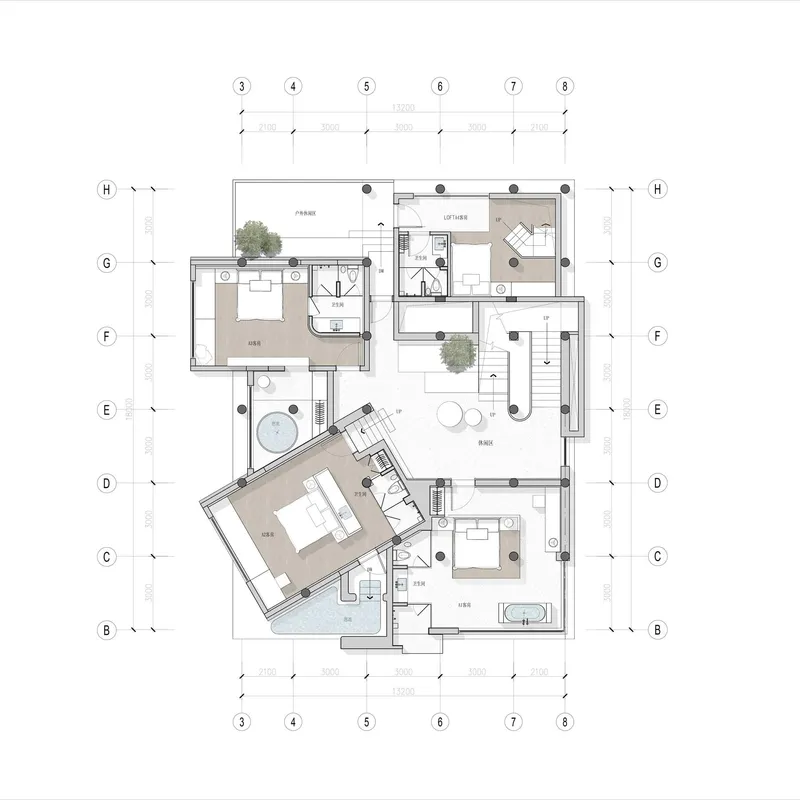 Floor plan drawing showing an angled living and dining volume with courtyards and planted trees