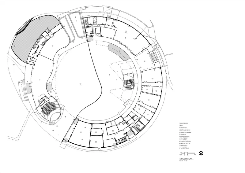 Floor plan drawing of the circular building with curved programmatic zones and a central courtyard