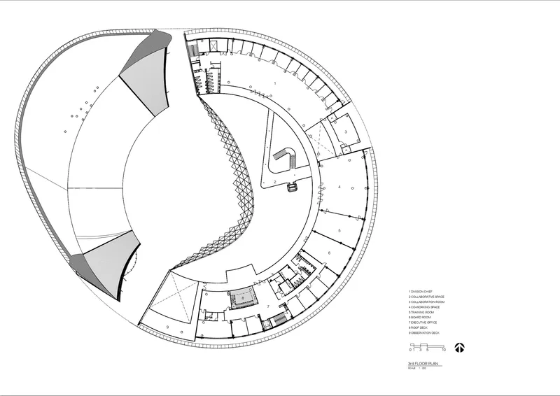 Floor plan drawing of the circular structure with two shaded triangular segments along the perimeter