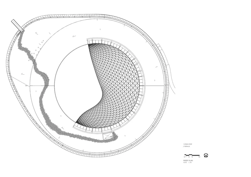 Roof plan drawing showing the circular building with a mesh canopy and tree plantings along the perimeter