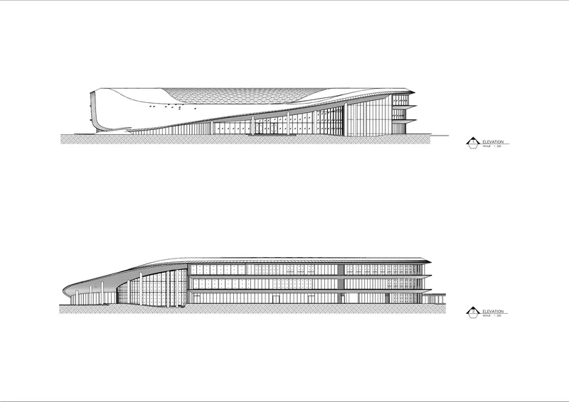 Elevation drawings showing the elongated building with its curved roof and vertical facade elements