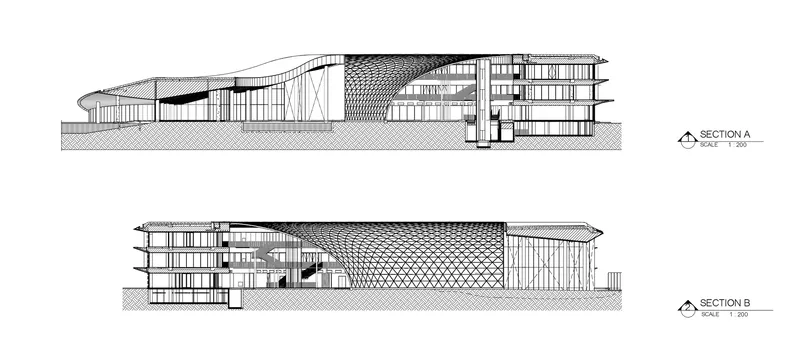 Section drawings revealing interior spaces beneath the flowing roof and a patterned lattice ceiling structure