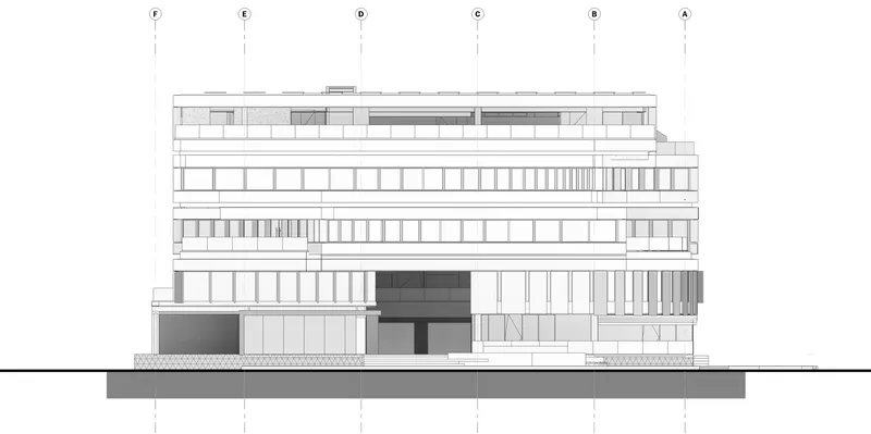 Elevation drawing depicting a horizontal multi-story facade with recessed central entrance and varied fenestration
