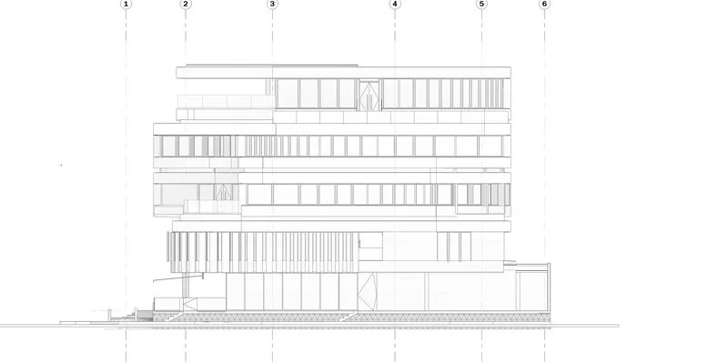 Elevation drawing showing staggered floor plates with balconies and vertical louvered screening elements