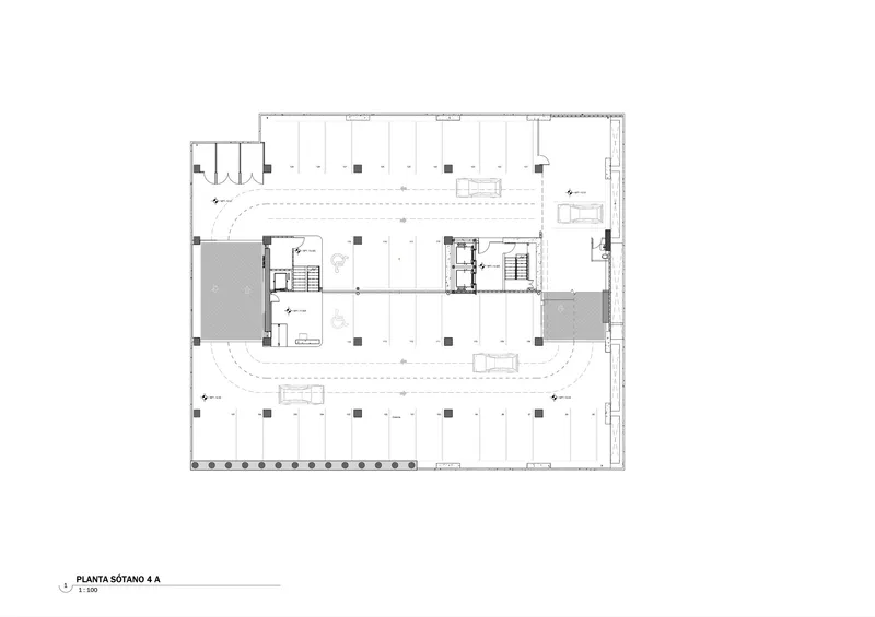 Floor plan drawing showing open office layout with central curved void and corner stair cores