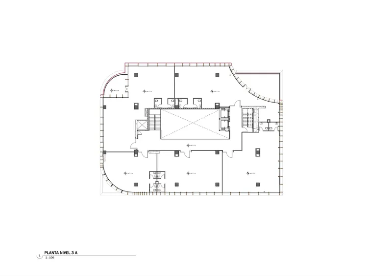 Third level floor plan with curved corner balcony and central atrium topped by diagonal skylight