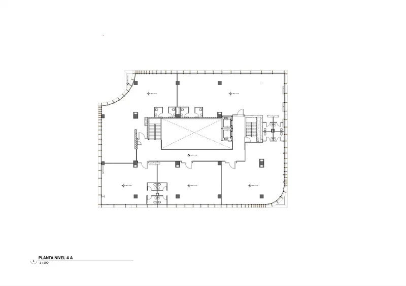 Fourth level floor plan showing central skylit atrium with flanking stairs and curved corner terrace
