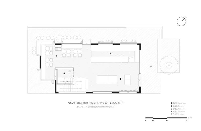 Ground floor plan drawing showing kitchen, dining, and living areas with an outdoor terrace