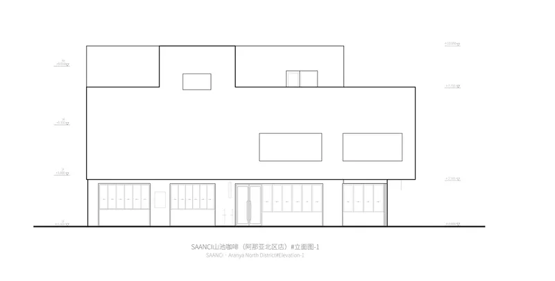 North elevation drawing showing a two-story facade with glazed ground floor openings
