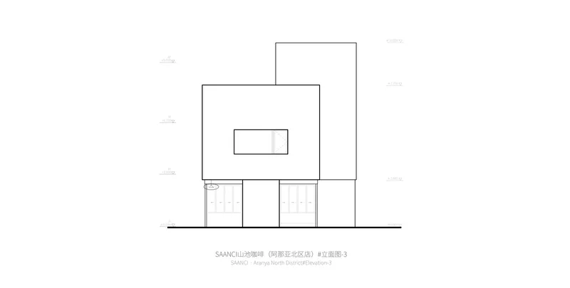 North elevation drawing showing stacked volumes with a recessed central entrance