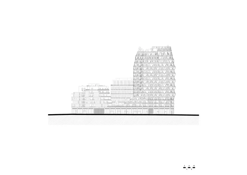 Elevation drawing depicting a pyramidal tower with setbacks rising from a horizontal podium base