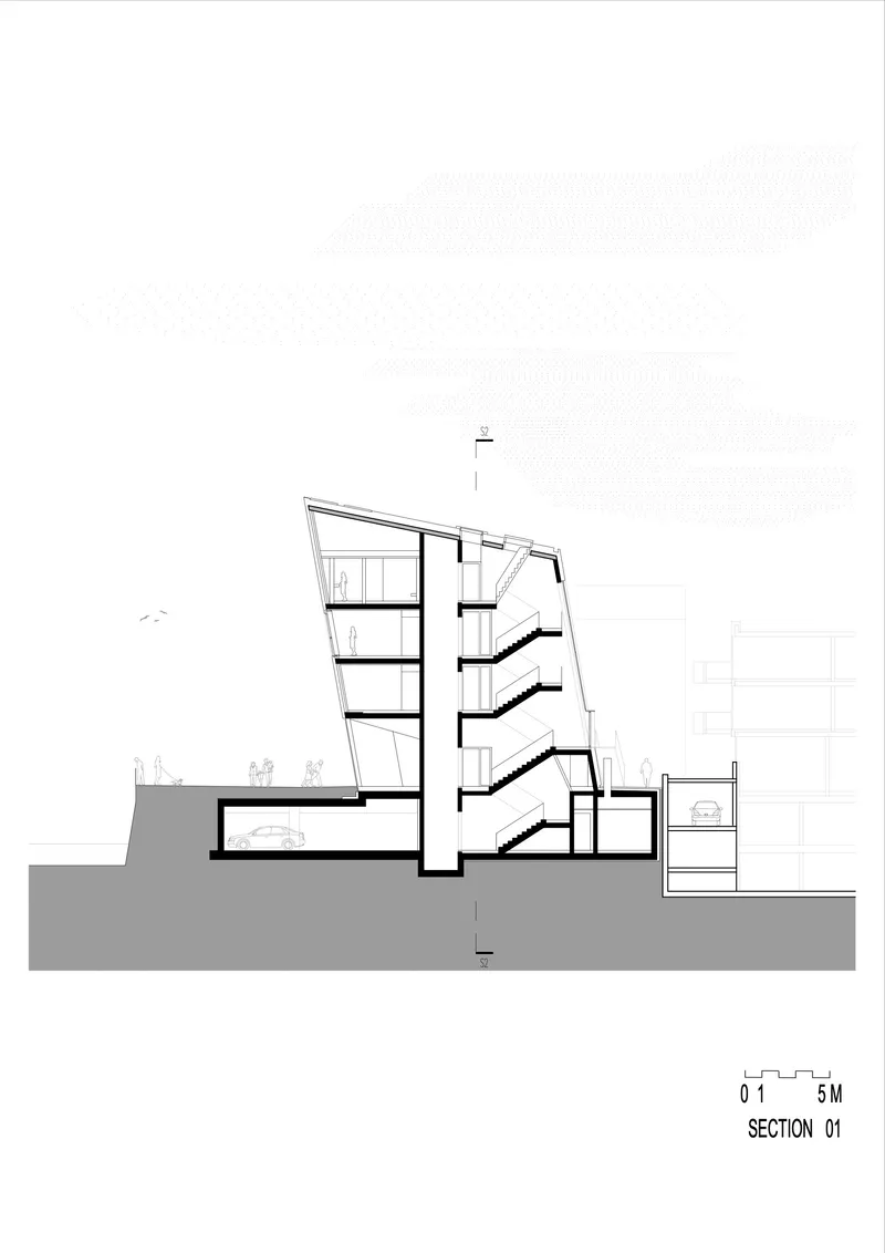Section drawing revealing staggered floor plates and sloped glazing within the topography