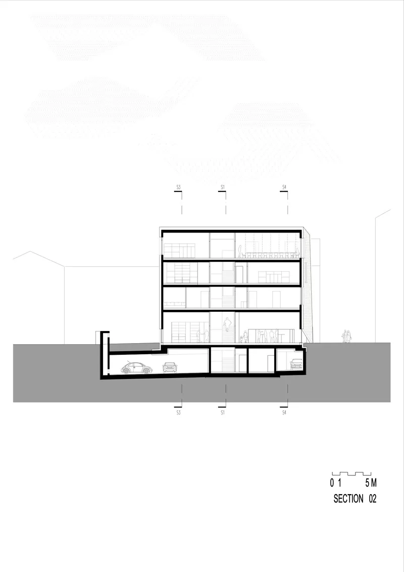 Section drawing showing multi-story interior spaces with a basement garage and pedestrian figures for scale