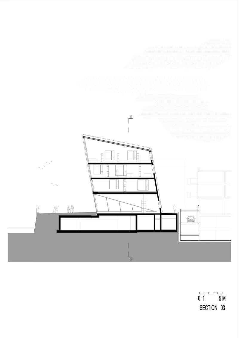 Section drawing revealing the angled facade with terraced floors stepping down the sloping site