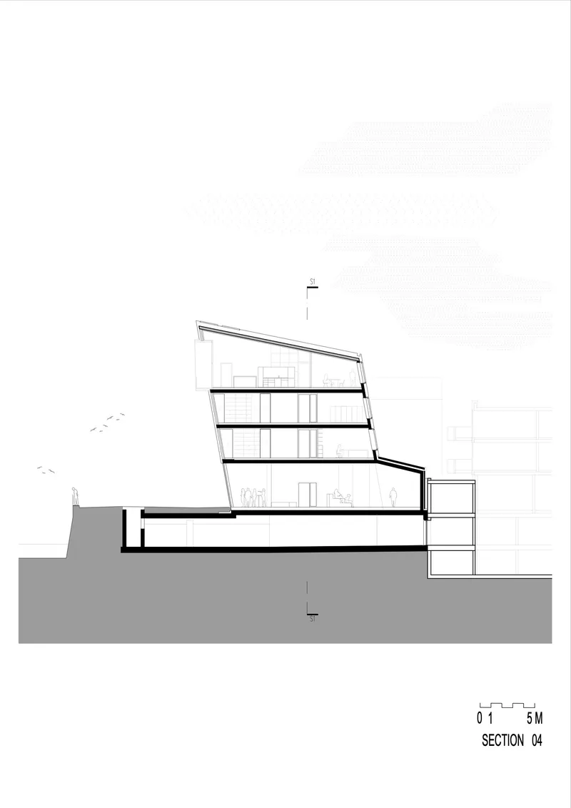 Section drawing showing the sloped roof profile and multi-level interior arrangement on graded terrain