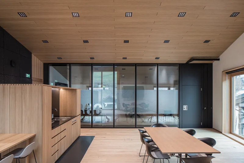 Open office space with timber ceiling, recessed grid lighting, kitchenette, and glass-walled conference rooms