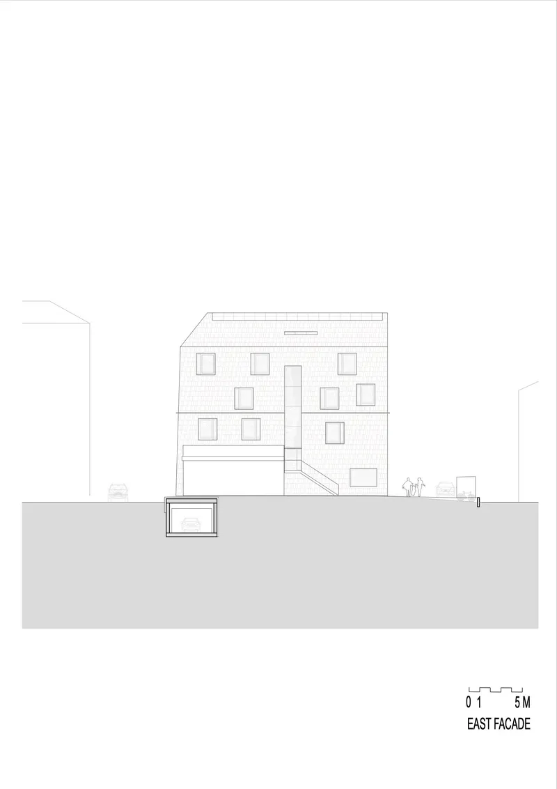East facade elevation drawing showing rectangular window openings and an external stair with figures below