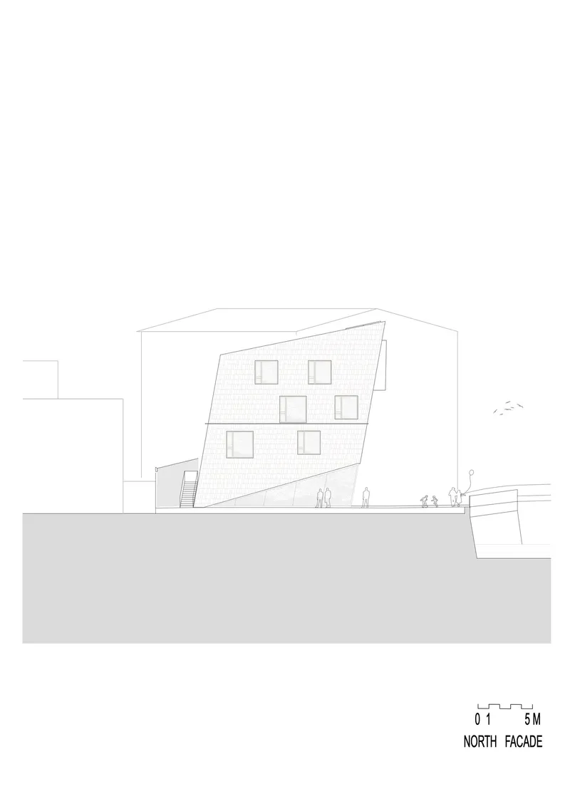 North facade elevation drawing depicting the angled wall plane with scattered windows and walking figures
