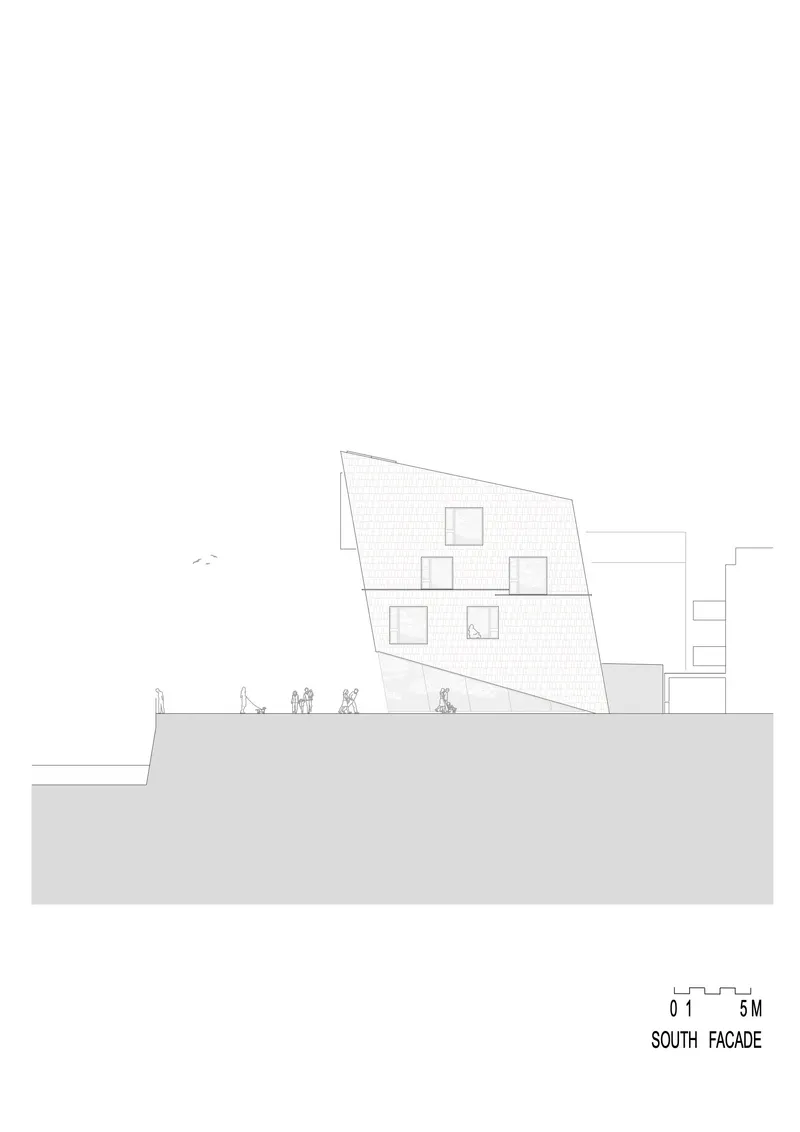 South facade elevation drawing showing the tilted wall surface with window openings and pedestrian figures