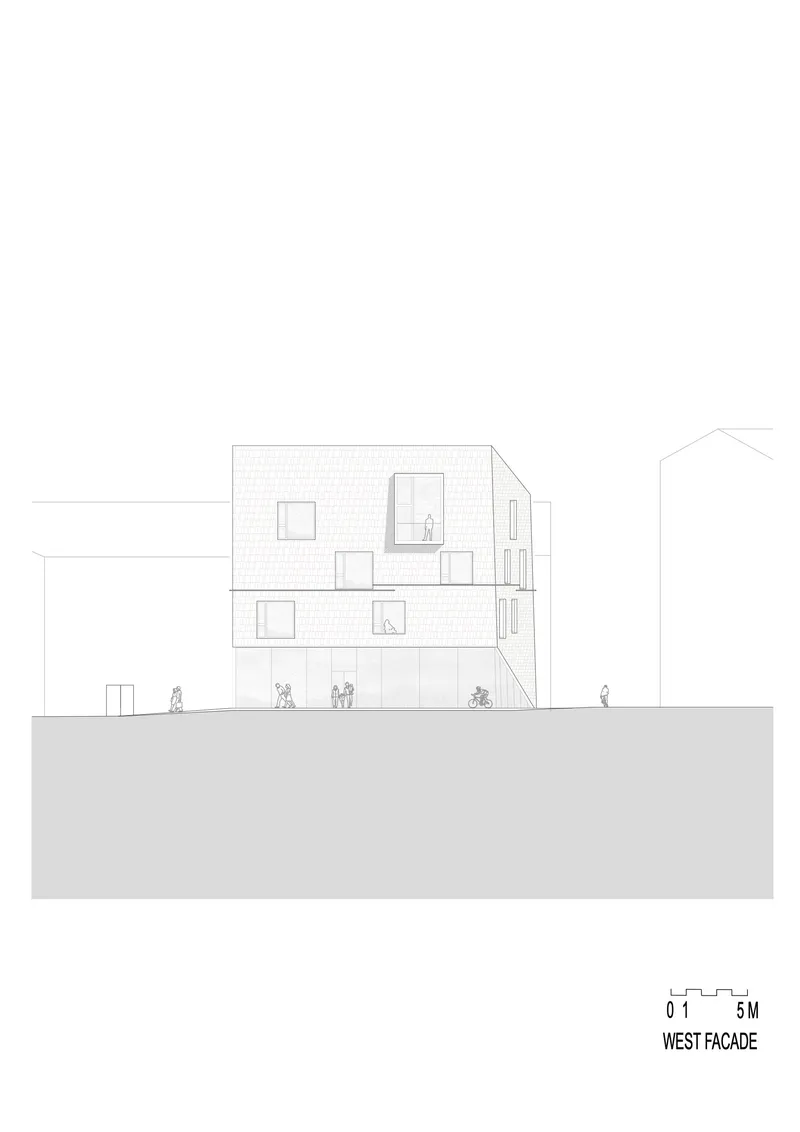 West facade elevation drawing showing a multi-story building with brick cladding and figures at street level