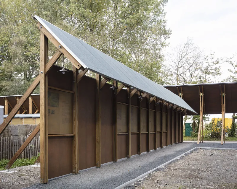 Diagonal timber bracing supporting a sloped metal roof above bronze metal cladding under afternoon light