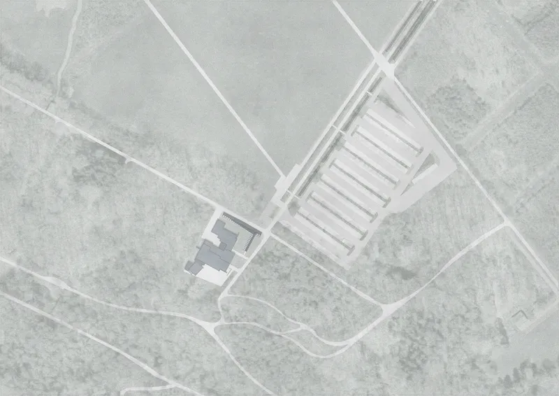 Site plan drawing showing the clustered volumes and adjacent linear structure within the landscape
