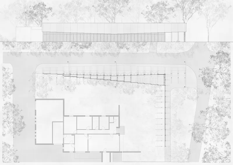 Floor plan and elevation drawing showing the elongated roof form with surrounding trees
