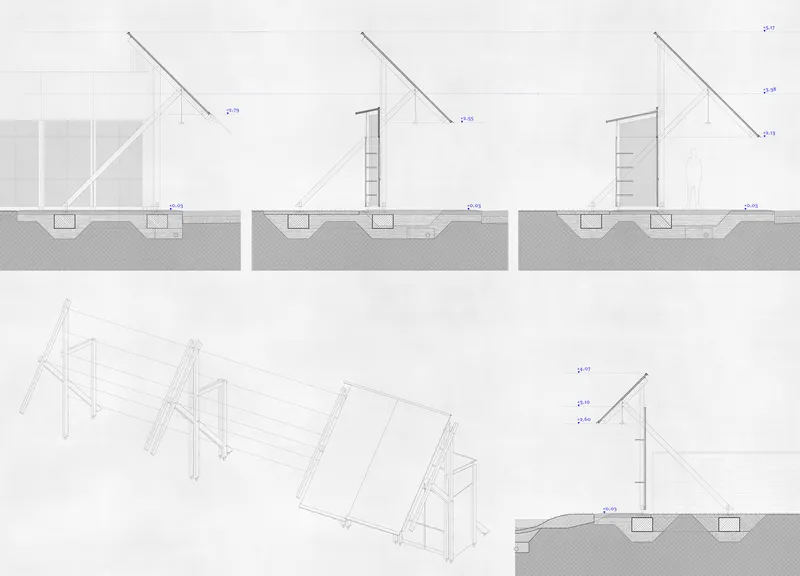 Section drawings illustrating the diagonal roof structure and timber column configurations