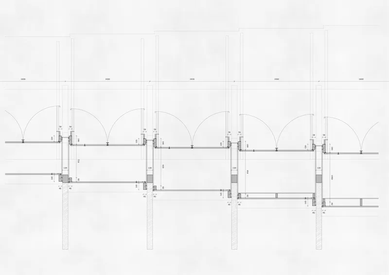 Detail drawing of the facade assembly showing glazing connections and arched openings