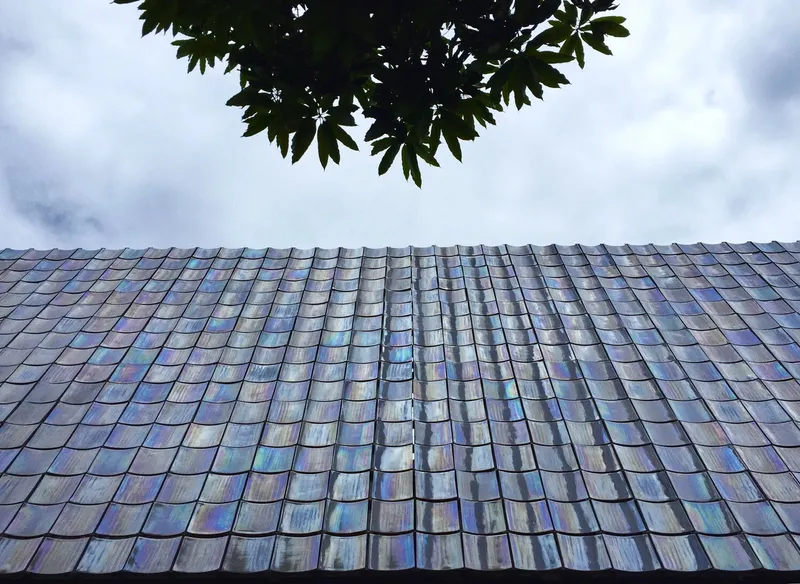 Upward view of the iridescent tile facade beneath overhanging tree foliage and overcast sky