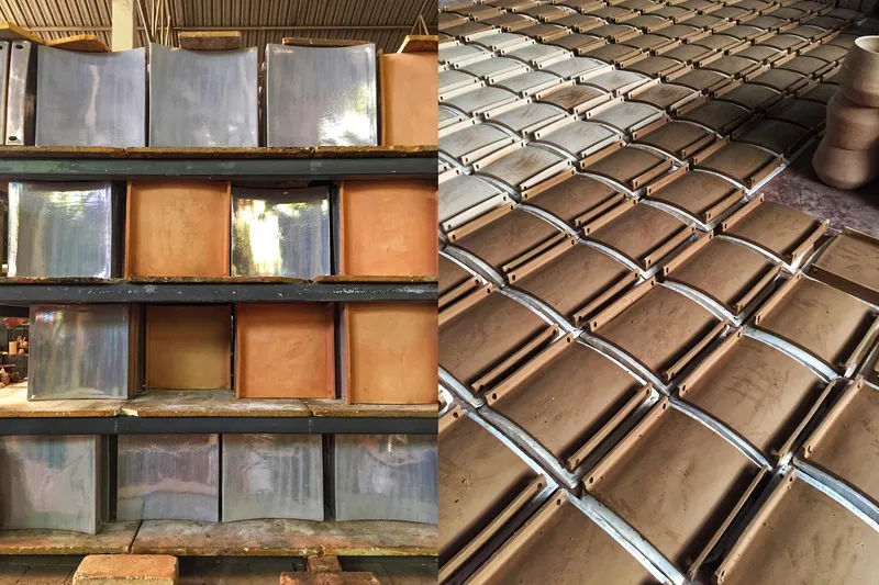 Shelves of glazed tile samples beside rows of curved terra cotta roofing tiles in a workshop