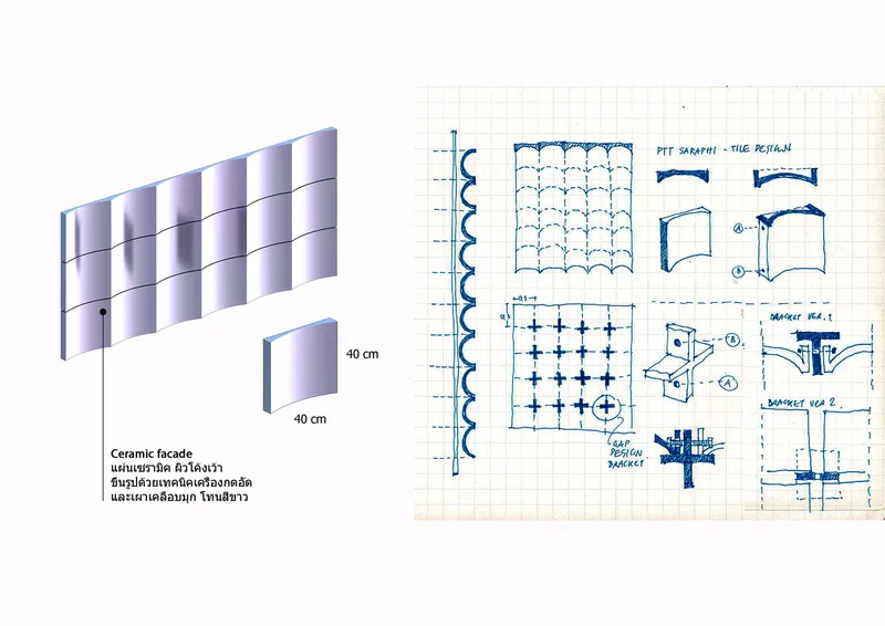 Technical drawing showing ceramic facade system with axonometric views and hand-sketched assembly details on grid paper